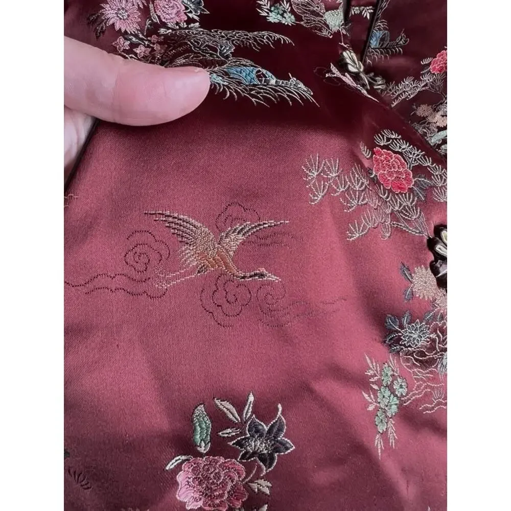 Vintage 60s Fans of S.F. Tea Timer Jacket Women Red Satin Rayon Embroidered L